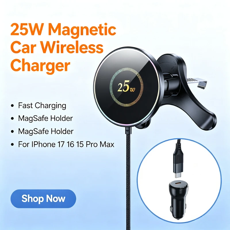 Fit for iPhone 17 16 15 Pro Max 25W Magnetic Car Wireless Charger MagSafe Fast Charging Phone Holder Mount Stand
