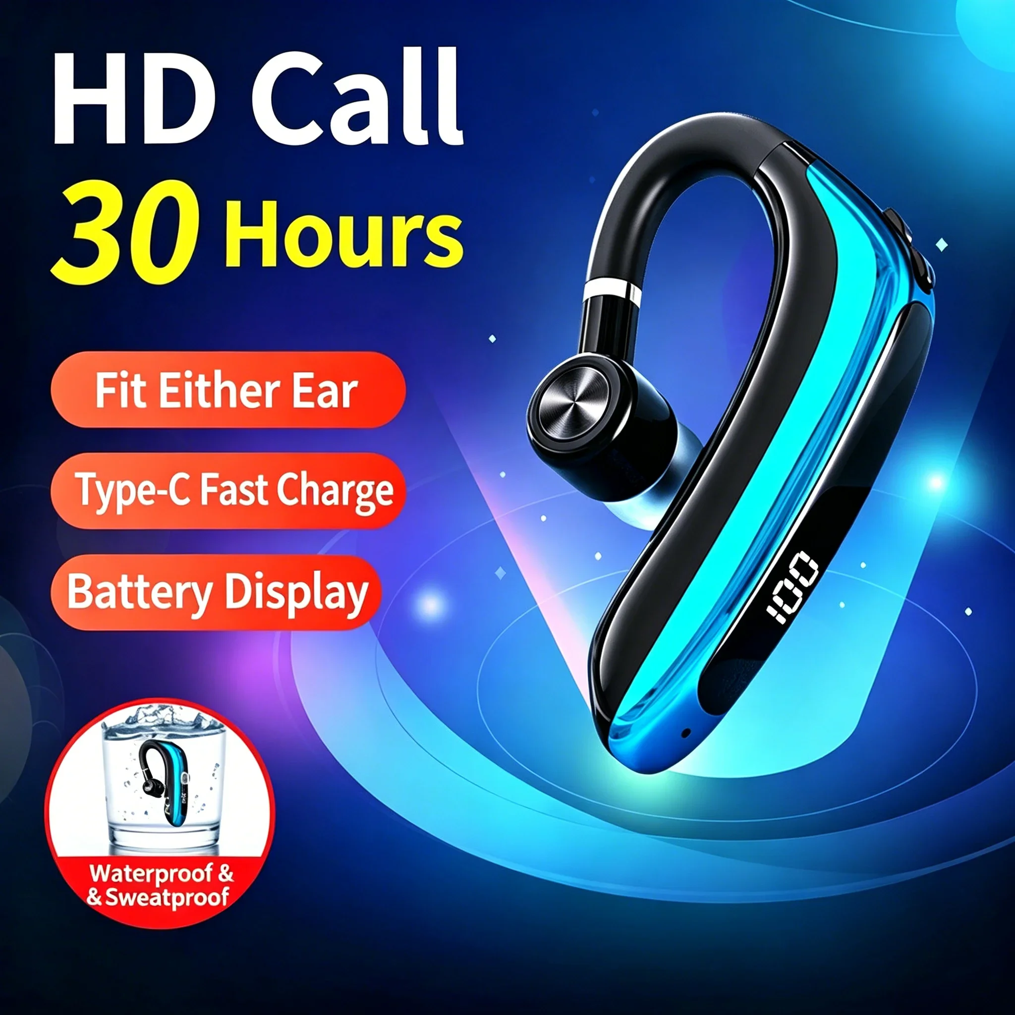 Single Ear Business Headset,Bluetooth 5.3 Wireless Ear Hook Earpiece with Mic,Noise Canceling,Fit Either Ear,for Driving Office