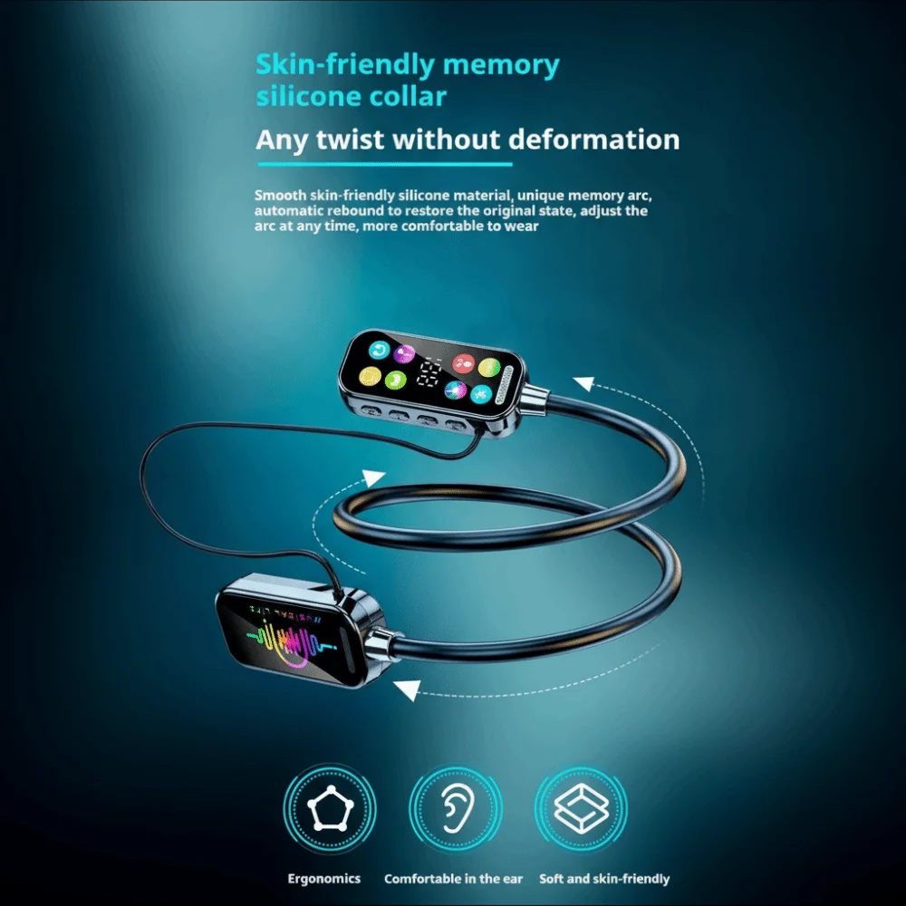Color Screen Bluetooth Earphones LED Display Long Battery Life Neckband Headsets HD Mic HiFi Sound Noise Reduction Earbuds