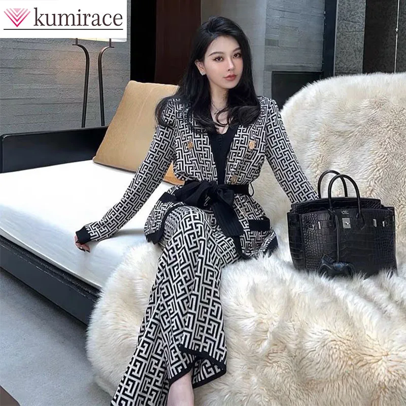 2024 Explosion Street High End Charm Goddess Style Professional Dress Knitted Wide Leg Pants Two Piece Set for Women Pant Sets