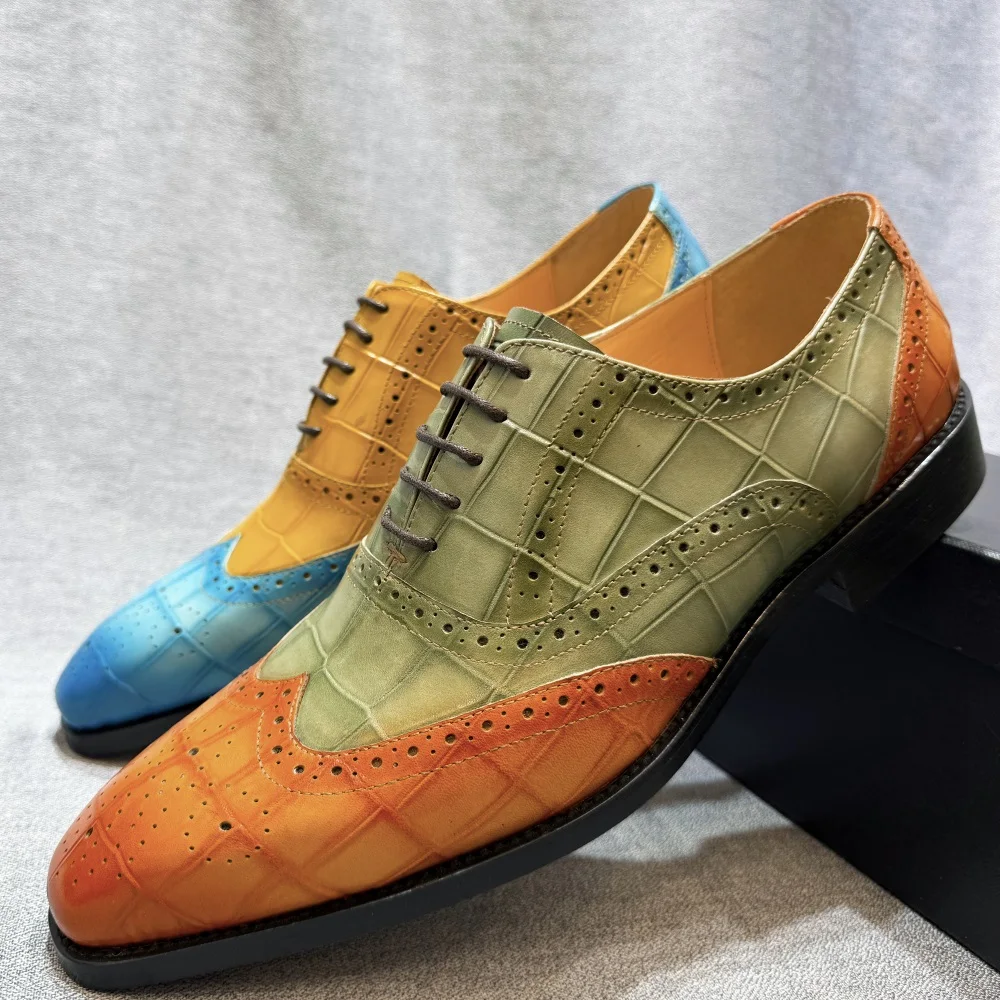Men's Genuine Leather Wingtip Oxfords Shoes Italian Wedding Dress Shoes Green/Camel Business Formal Male Footwear