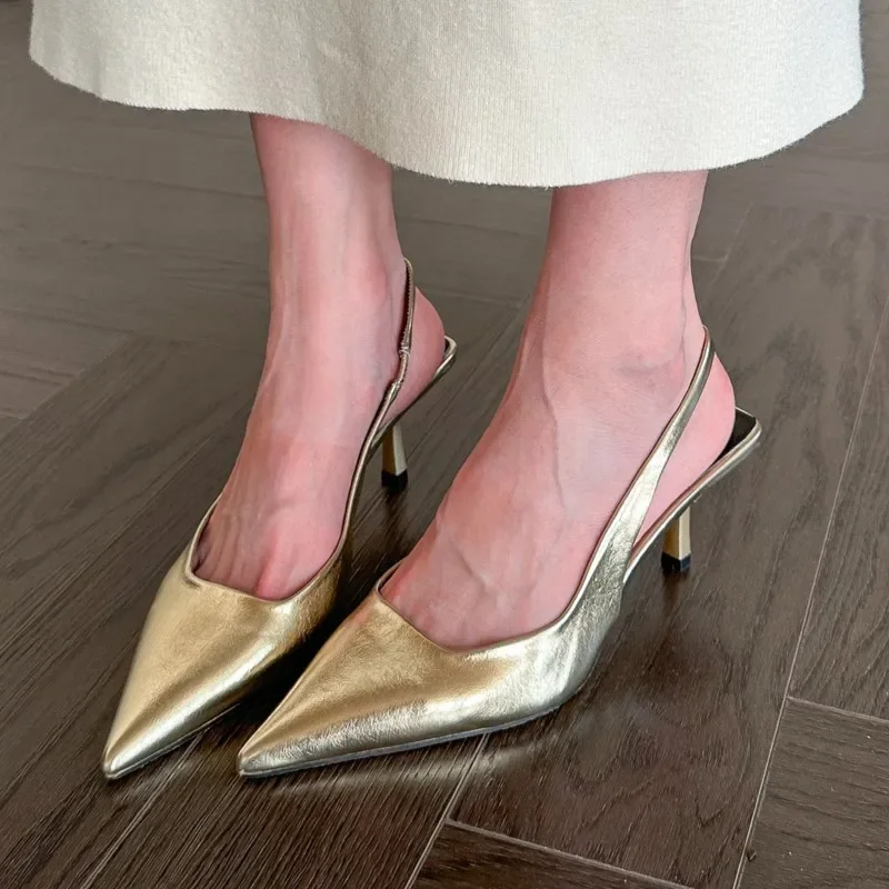 New Women's Sandals Pointed Toe Slingbacks Gold High Heels Dress Shoes Silver Pumps 2025 Summer Wedding Shoe Zapatos Mujer