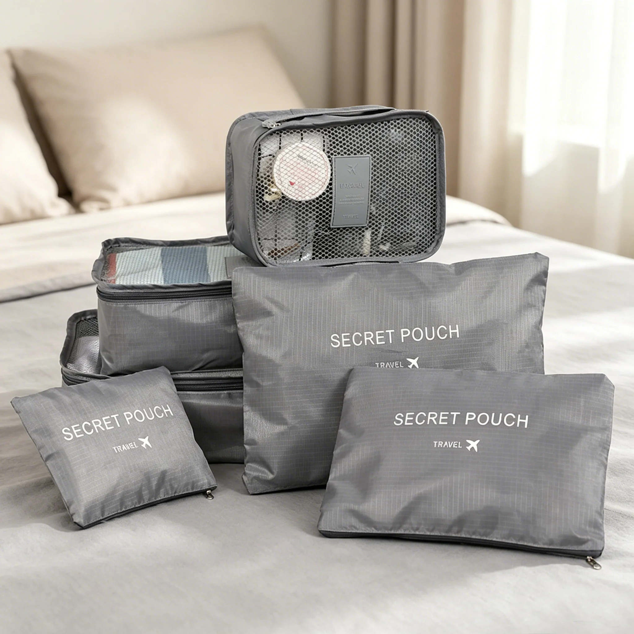 6Pcs Travel Storage Bag Set, Multi-size Clothes Shoe Organizer Pouches, Portable Luggage Packing Bags for Business Trip Vacation