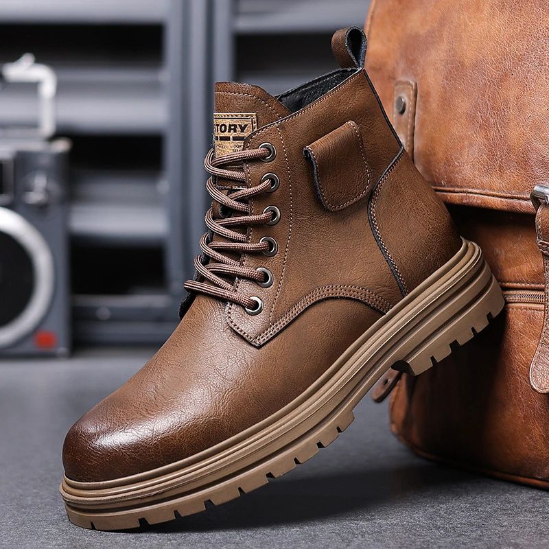 Mens Brown Vintage Leather Combat Boots Side Pocket Decor Lace Up Chunky Sole Ankle Boots Casual Work Daily Travel Shoes Fashion
