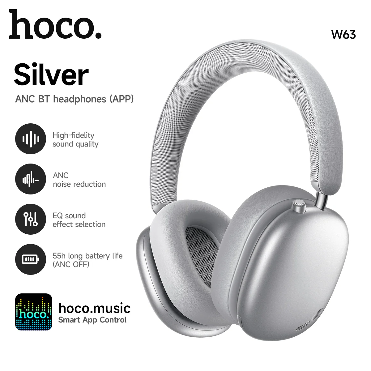 HOCO W63 Over Ear ANC Noise Reduction BT Headphones Wireless Headsets with APP Function with Mic for Iphone Samsung Phone Call