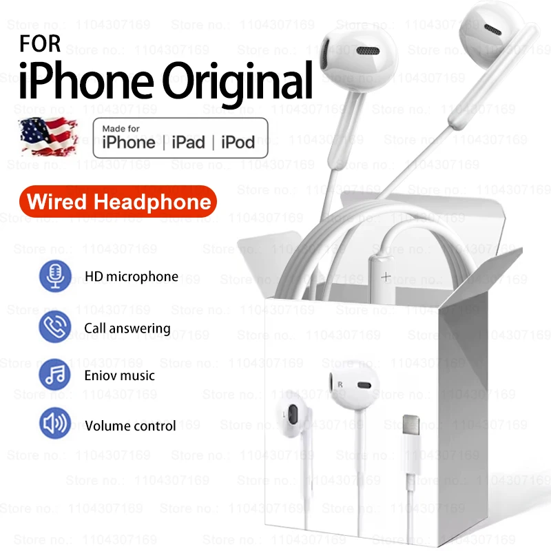 For iPhone 16 Pro Max Original Headphones For Apple 15 14 13 12 11 Earphones XS XR In-Ear Earbud Phone Wired Headset Accessories