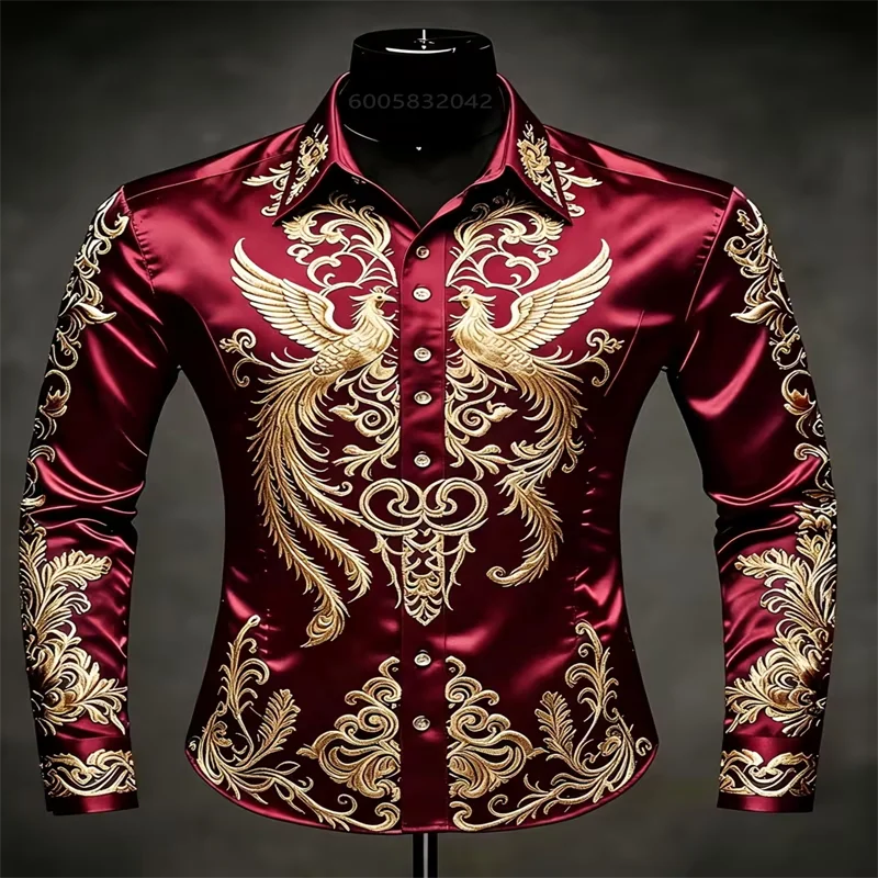 Men Silky Satin Button‑Down Shirt Vintage Golden Phoenix Floral Pattern Long Sleeve Male Banquet Party Formal Dress Tops