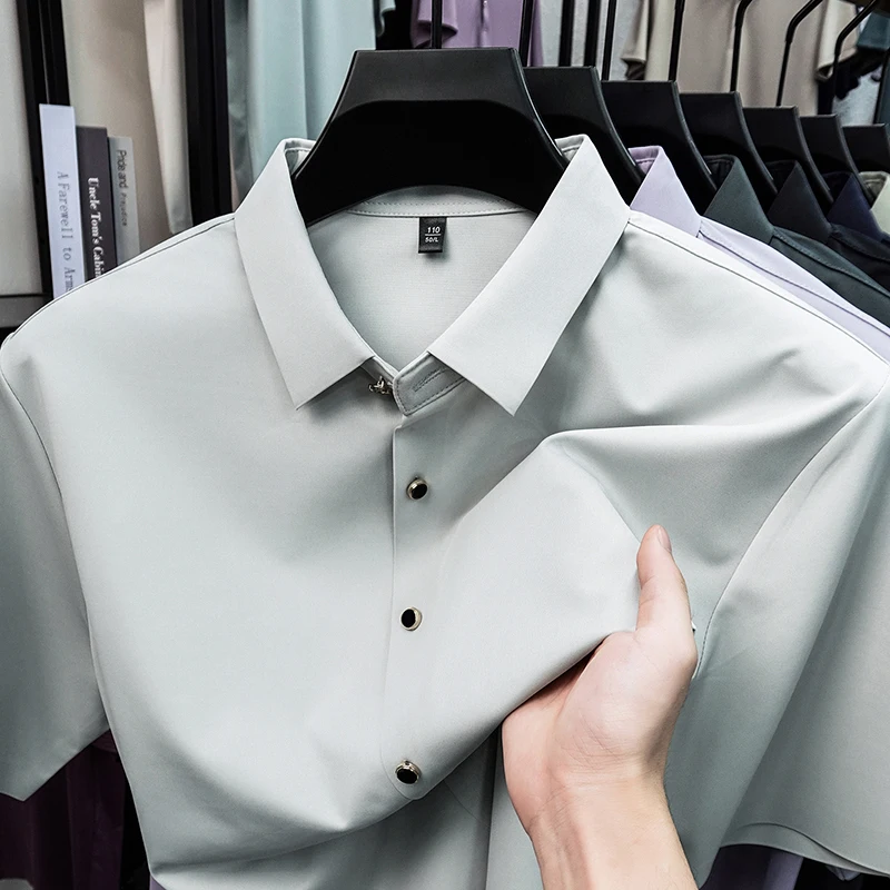 2026 Summer Casual Men's Dress Shirt Regular Fit Lightweight Smooth Button up Business Office Wear Seamless Clothing