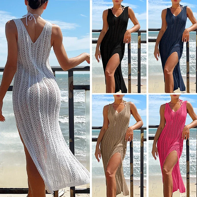 2025 Summer Ladies Vacation Hollow Out Robe Women Chic Solid Knitted Maxi Dress Fashion Sleeveless Sexy Beach Cover Up Dresses