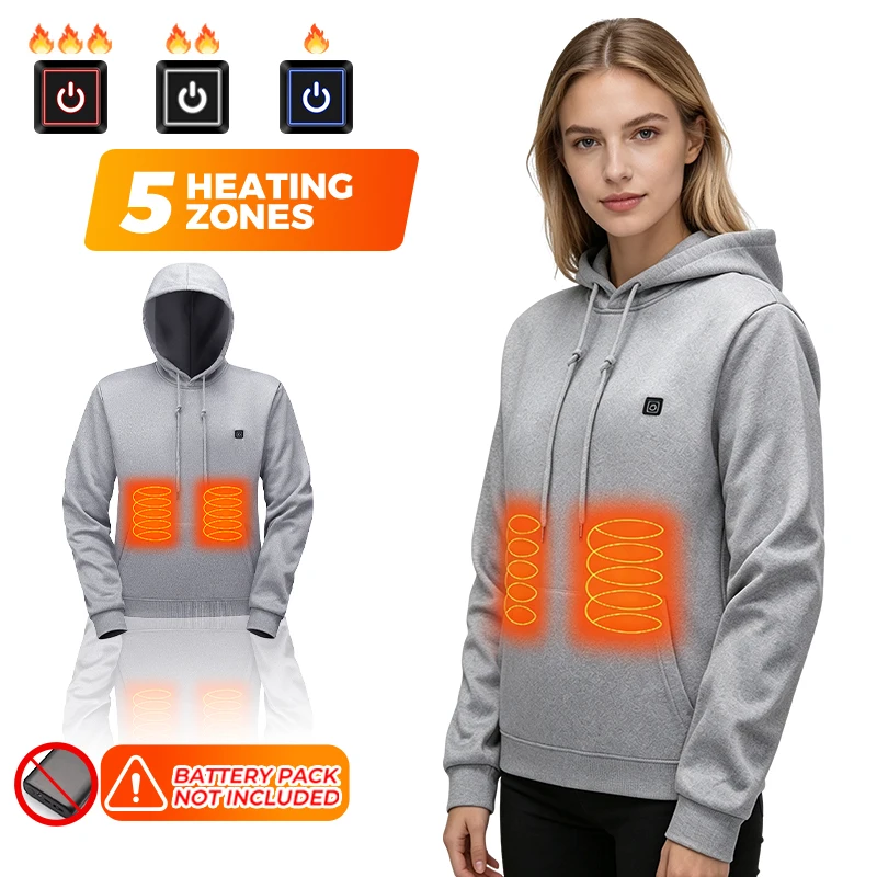 5 Zone Heated Hoodie Unisex USB Fast Warm Up Smart Heating Sweatshirt Machine Washable for Working Hiking Camping Cold Weather