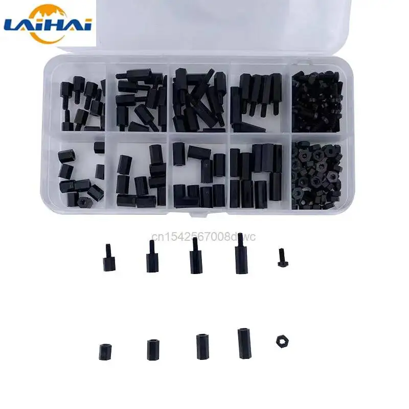 200Pcs/set M2 M2.5 M3 M4 Black/White Hex Nylon Standoff Spacer Column Flat Head Nylon Plastic Spacing Screws Nuts