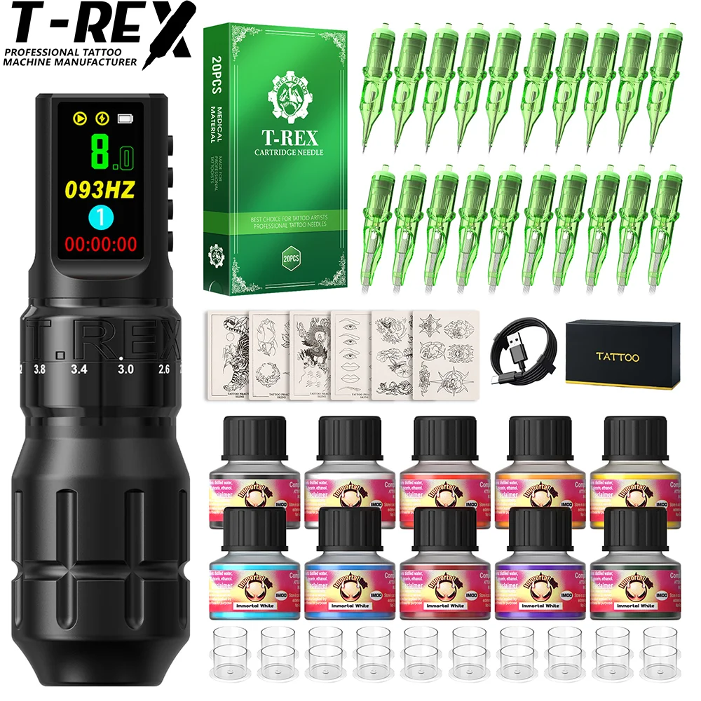 T-Rex Wireless Tattoo Machine Rotaty Pen Kit Adjustable Stroke Custom Motor 1800mAh LCD Screen Battery Makeup Pen For Tattoo Set