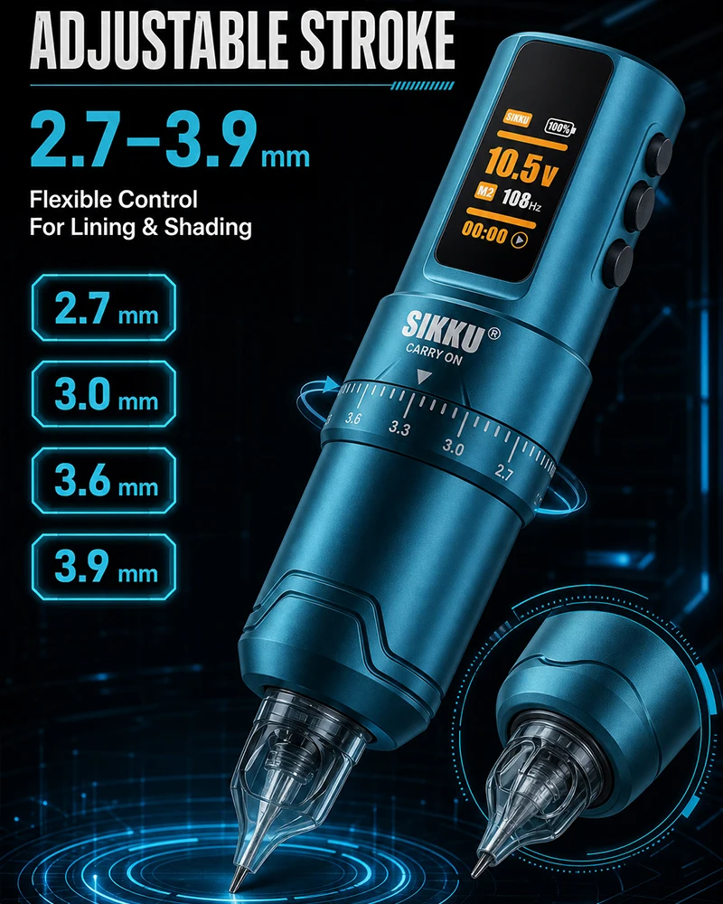 SIKKU Wireless Tattoo Pen with HD LED Screen, 2.7mm & 3.9mm Adjustable Needle Stroke, Permanent Makeup Tattoo Machine for Profes