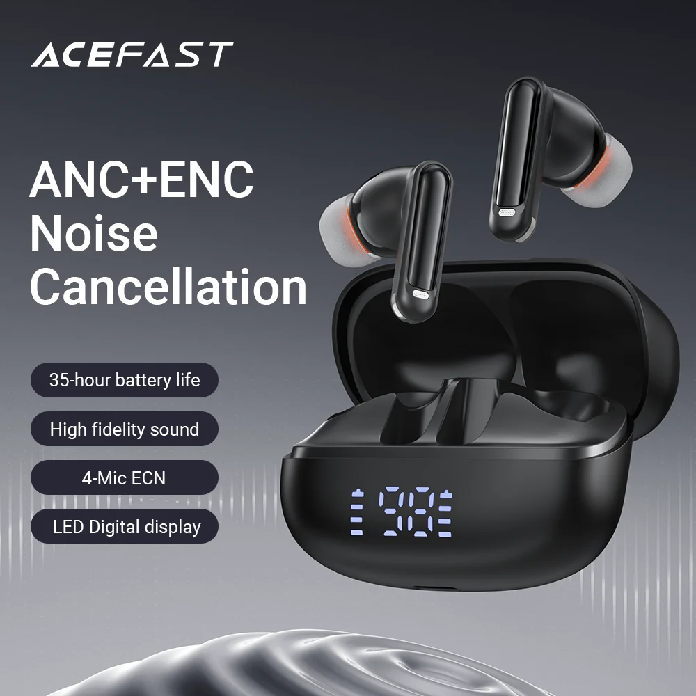 ACEFAST 4 Mics ANC -35dB Deep Reduction Wireless Bluetooth 5.4 Earphone HiFi Stereo Music Sport ENC Call Earbud 35H Battery Life