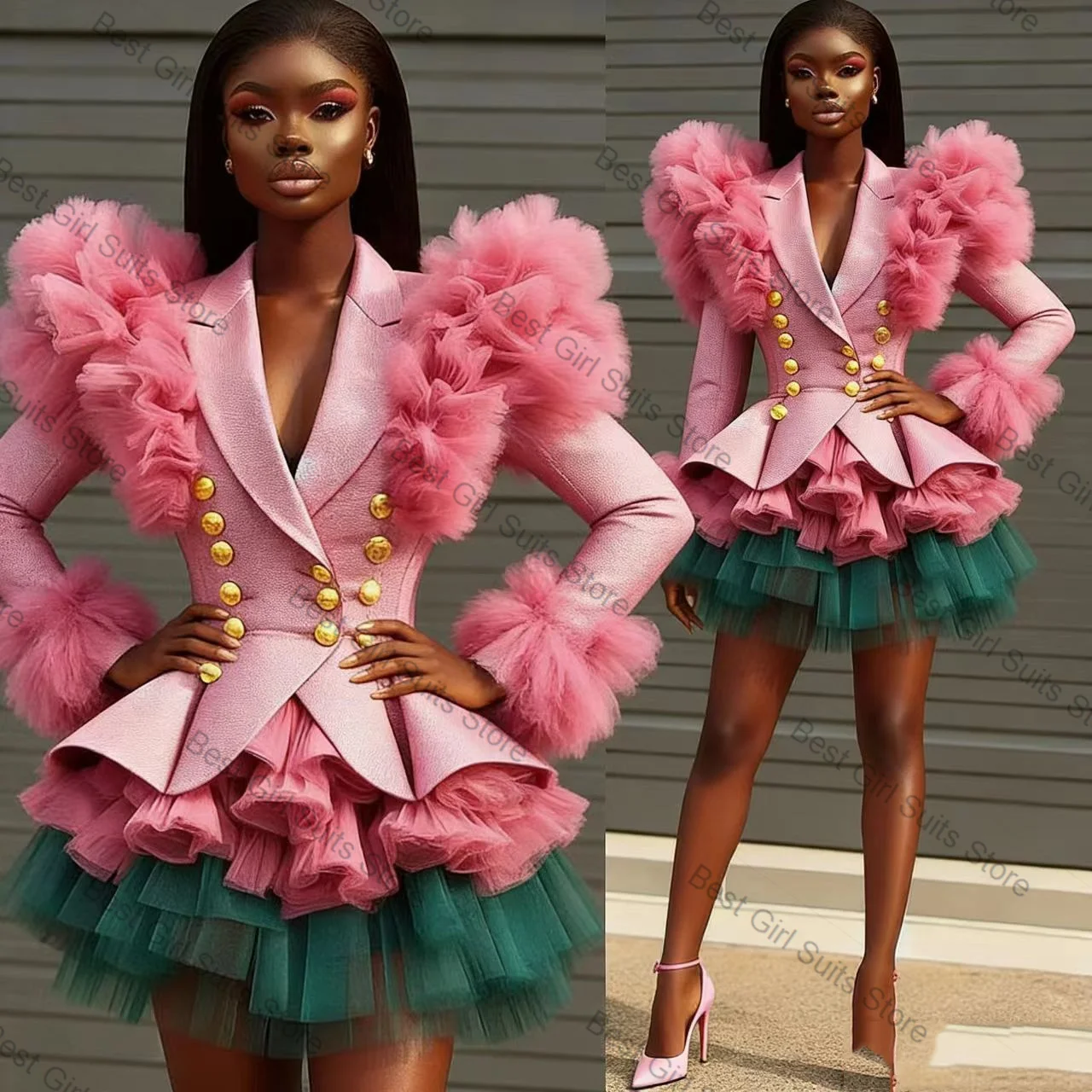Luxury Women Suit Set 2 Piece Blazer+Prom Dress Short Mini Skirt Tiered Tulle Formal Office Lady Jacket Customized Wedding Coat