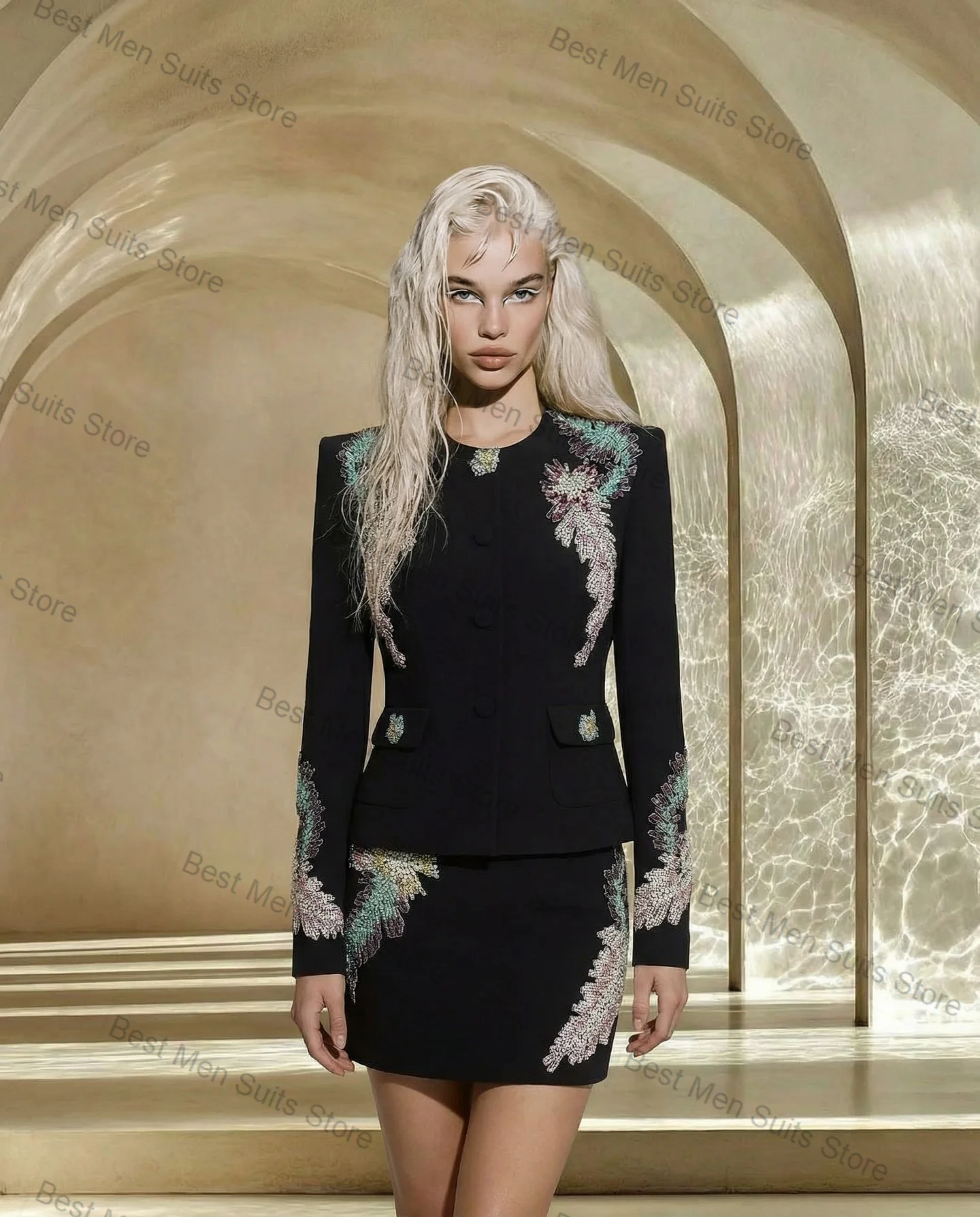 Black Crystals Women Suit Skirt Set 2 Pcs Blazer+Short Mini Prom Dress Autumn Formal Office Jacket Customized Wedding Guest Coat