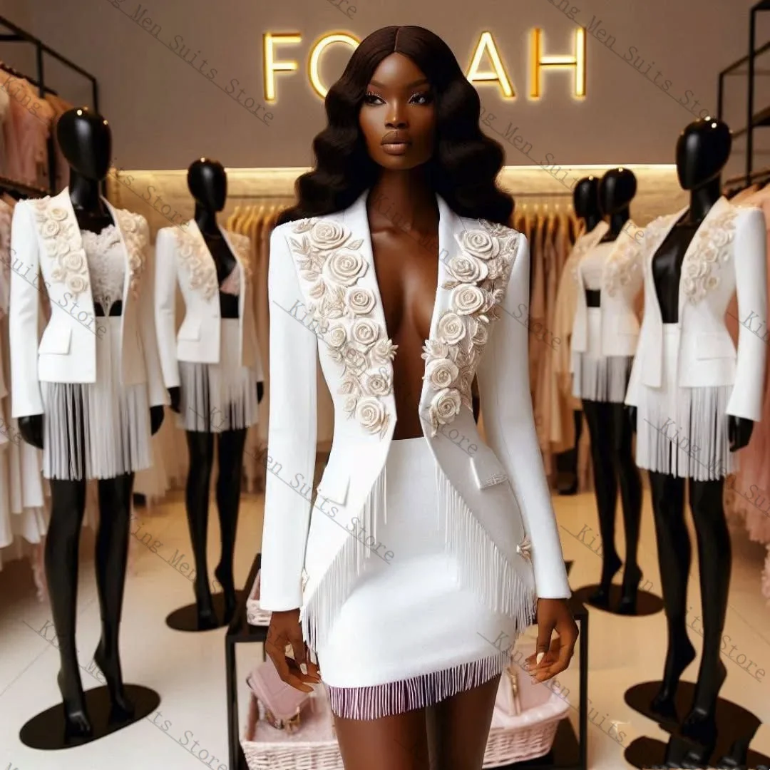 White Tassel Women Suit Set 2 Pcs Blazer+Short Mini Prom Dress 3D Flower Customized Formal Office Wedding Tuxedos Coat Jacket