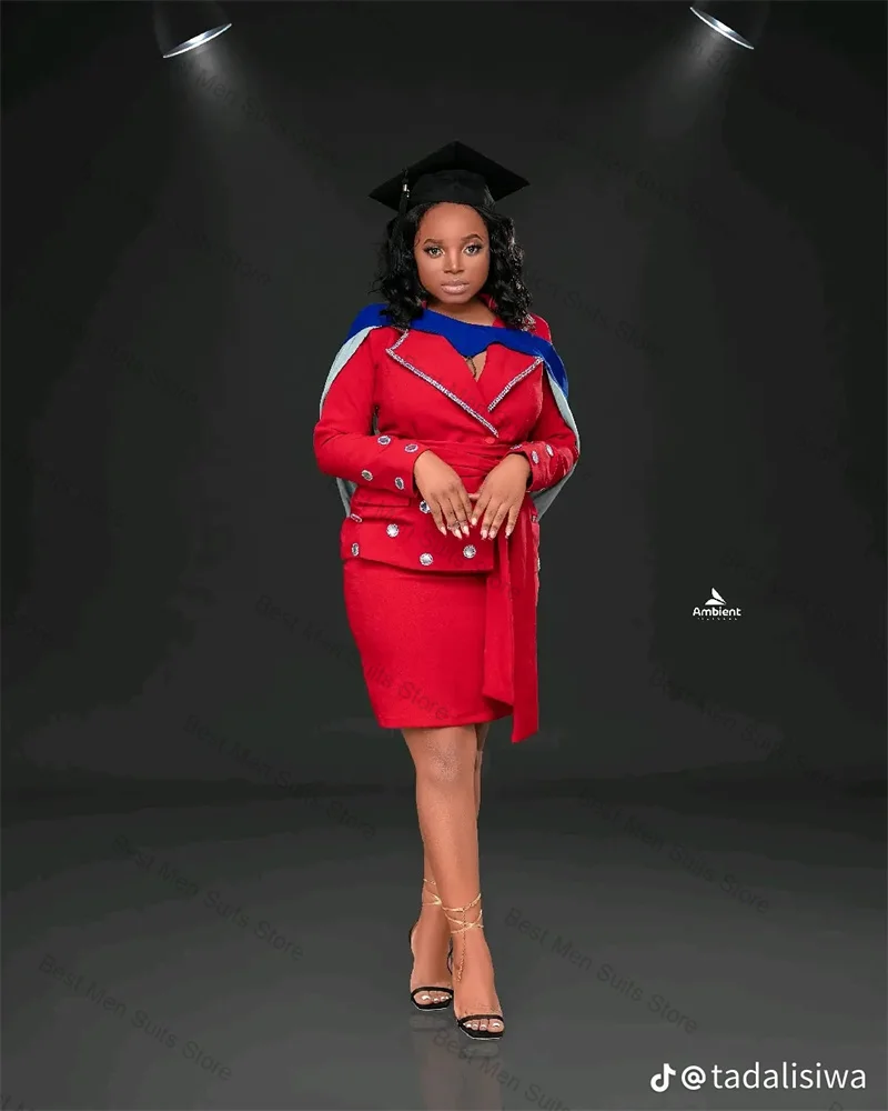 Red Women Suit Skirt Set 2Pcs Blazer+Short Mini Prom Dress Crystals Graduation Formal Office Jacket Customized Wedding Tuxedos