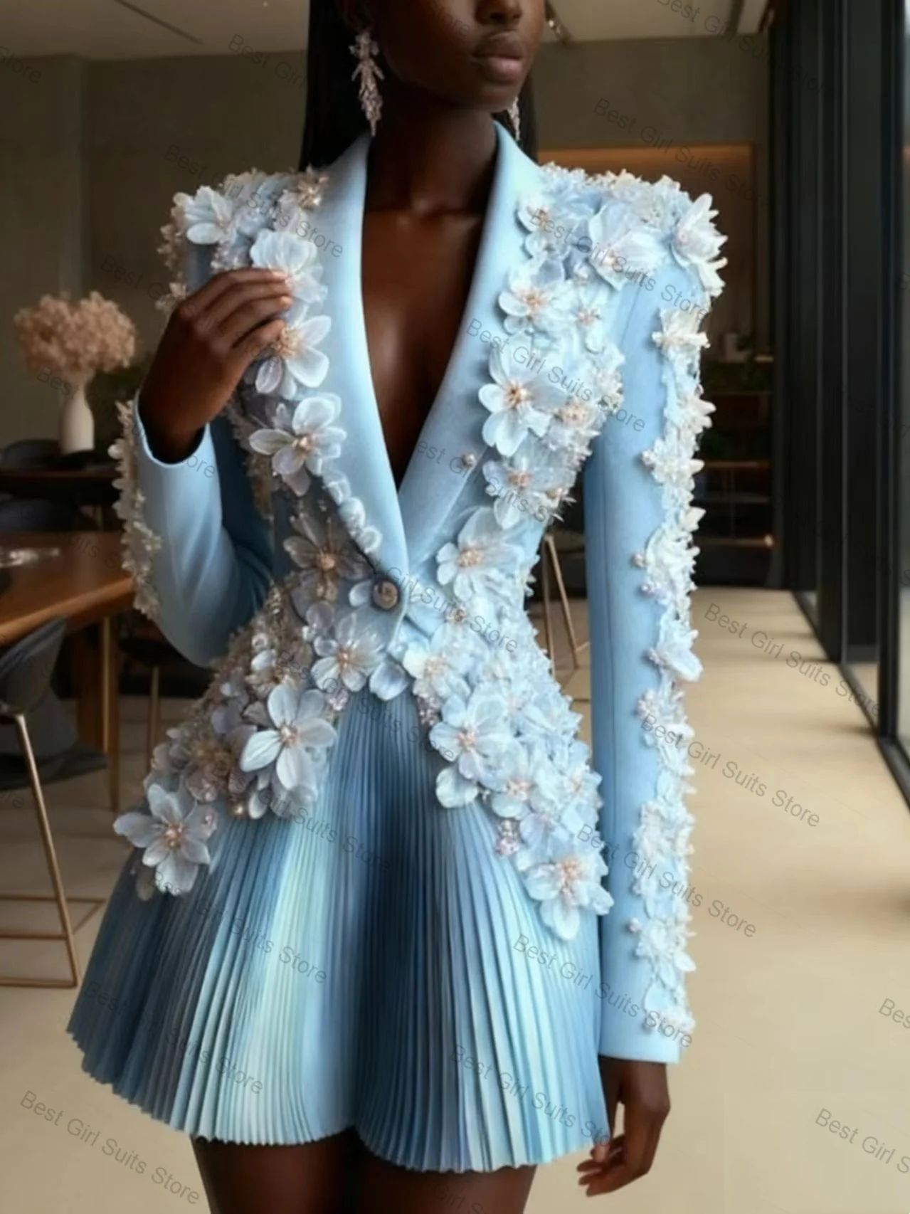 Blue Women Suit Set 2 Piece Blazer+Short Mini Prom Dress 3D Flower Formal Office Lady Jacket Customized Prom Wedding Guest Coat