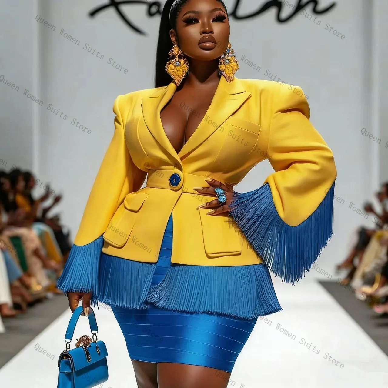 Blue Tassel Women Suit Skirt Set 2 Pcs Blazer+Short Mini Prom Dress Formal Office Lady Jacket Wedding Coat Customized