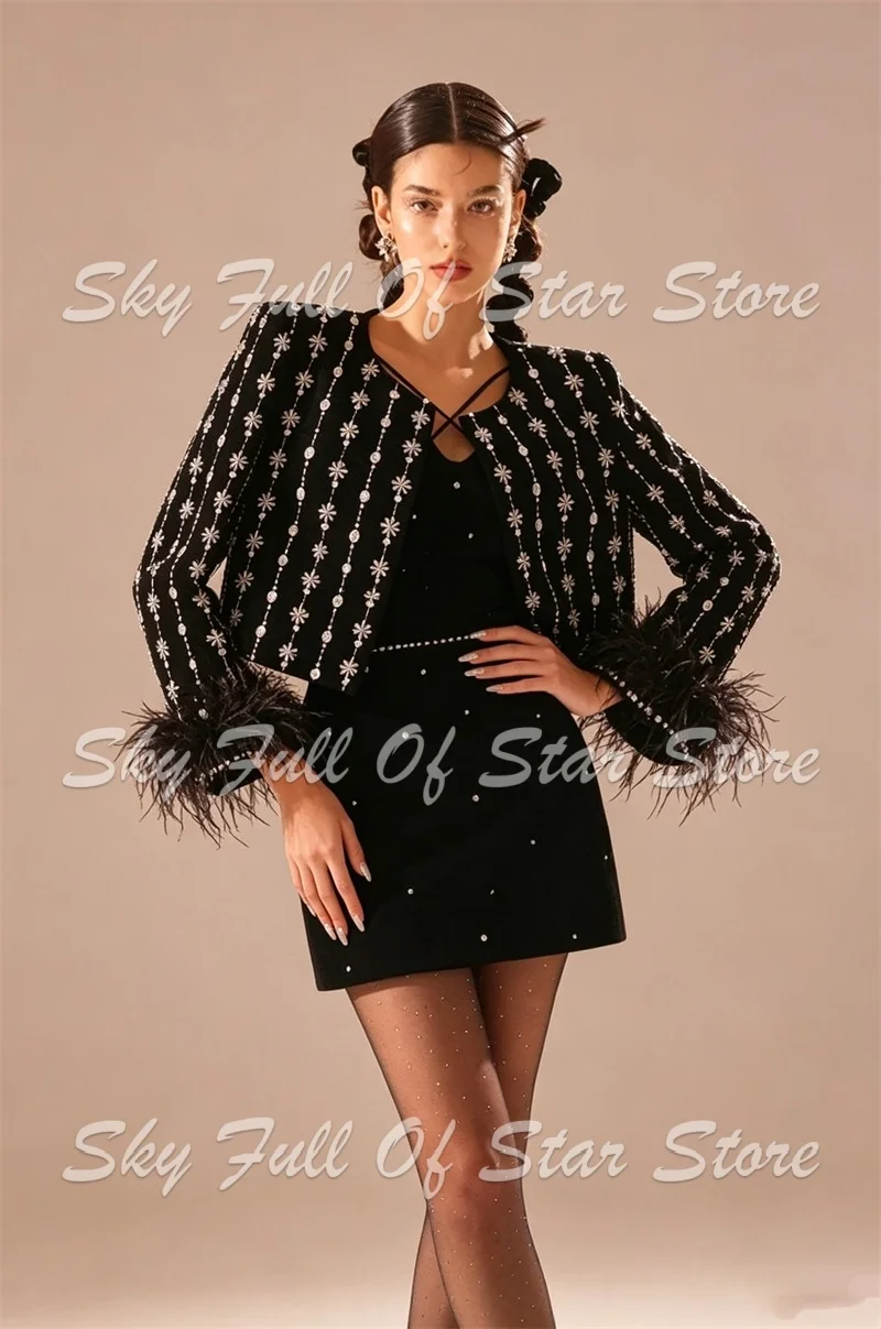 Black Women Suit Set 2 Pcs Rhinestone Beaded Crop Jacket+Mini Skirt Ostrich Feather Cuff Custom Evening Office Party Lady Outfit
