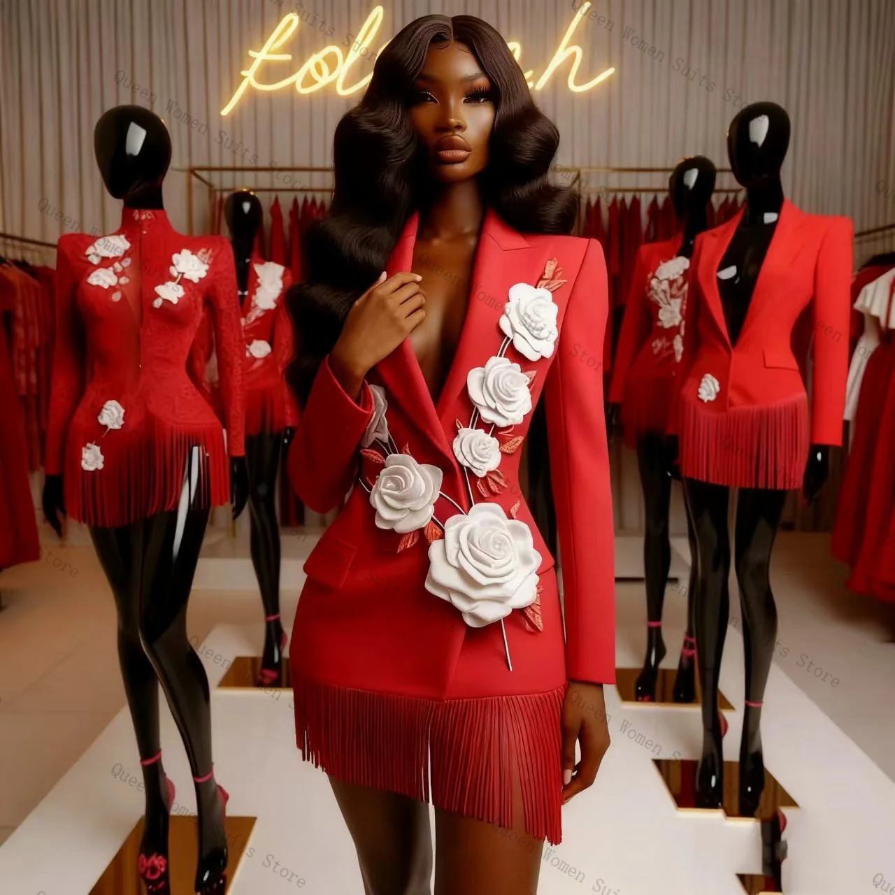 Red Tassel Women Suit 1 Pcs Long Blazer Short Mini Prom Dress Flower Formal Office Lady Jacket Wedding Prom Coat Customized