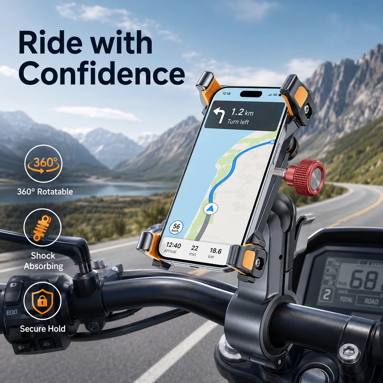 Bike Phone Holder Aluminum Alloy Shock Absorbing 360° Adjustable Bicycle Handlebar Mount GPS Navigation Bracket for E-Bike