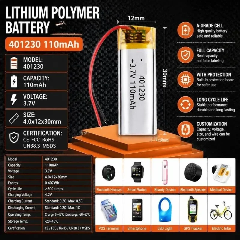 [New] 100pcs 401230 Polymer Lithium 120mAh Bluetooth Headset Electric Toy Recorder 3.7V Rechargeable