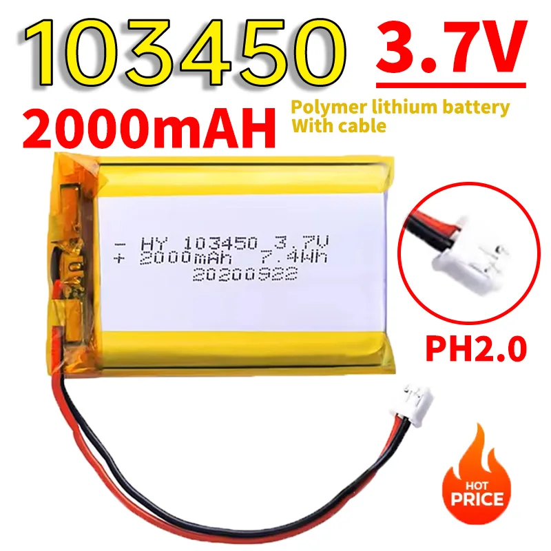 2000mAh 3.7V 103450 Polymer Rechargeable Battery PH 2.0mm 2pin Plug for GPS MP3 MP4    Power Bank Navigator Bluetooth Headset
