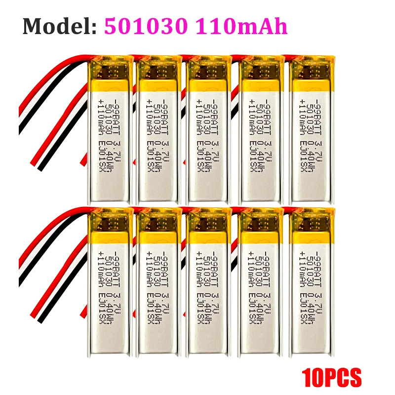 10PCS 501030 110mAh 3.7V Rechargeable Batteries Lithium Polymer Li-lon Battery 601030 501230 for Wireless Bluetooth Headset Tws