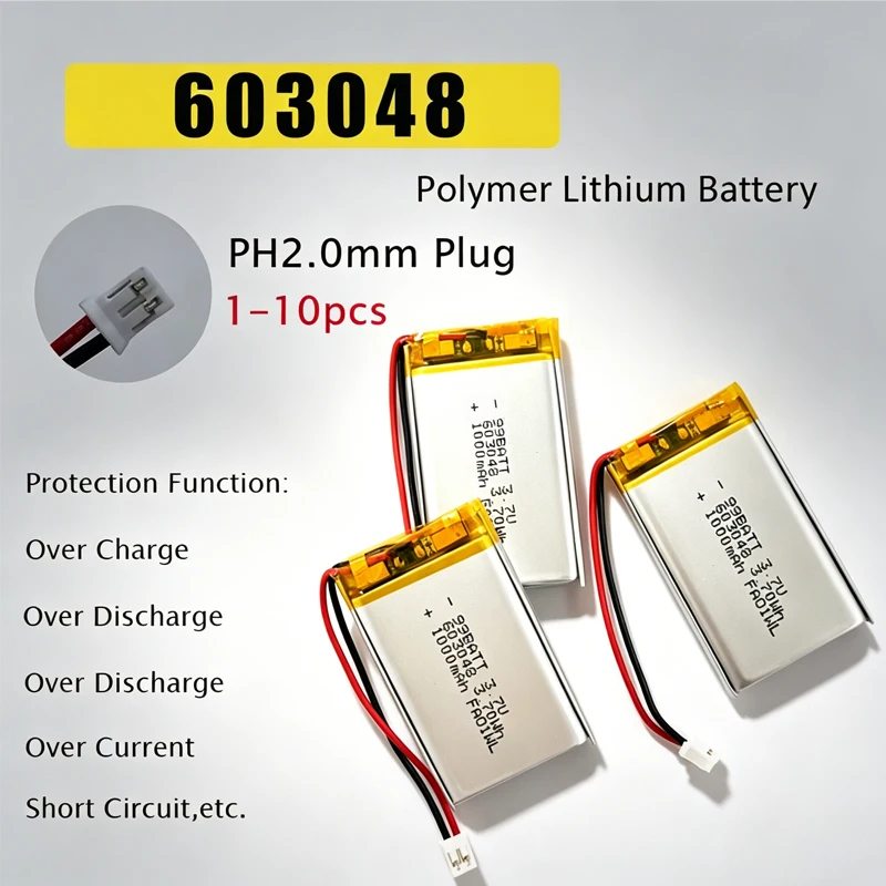 603048 Lipo Battery 3.7V 1000mAh Rechargeable Lithium Polymer Batteries for LED Light Cosmetic Mirror Bluetooth Headset MP3 GPS