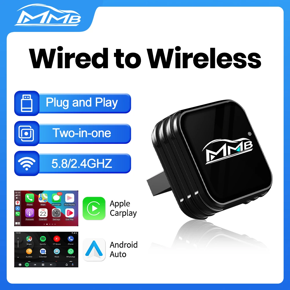 MMB Mini Ultra Wireless CarPlay Android Auto Adapter 2 in 1 USB AI Car Accessories for Totoya VW Chevrolet Hyundai Auto Connect
