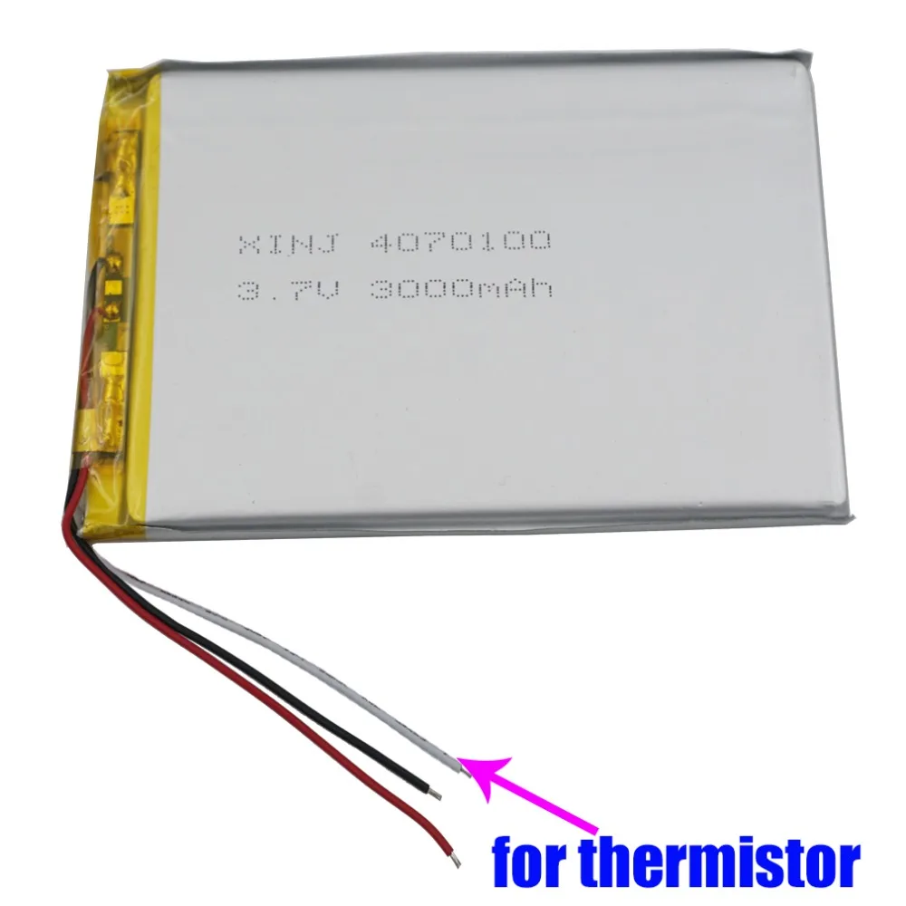 3.7V 3000mAh 11.1Wh Polymer 3-Wires Thermistor Li Lithium Battery Lipo Cell 4070100 For LED E-Book MID Portable DVD Tablet PC