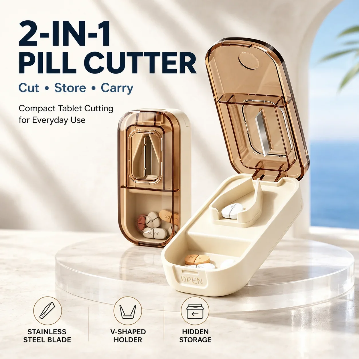 2-in-1 Portable Pill Cutter with Storage Box, Stainless Steel Blade, V-Shaped Holder, Compact Travel Tablet Splitter for Adults