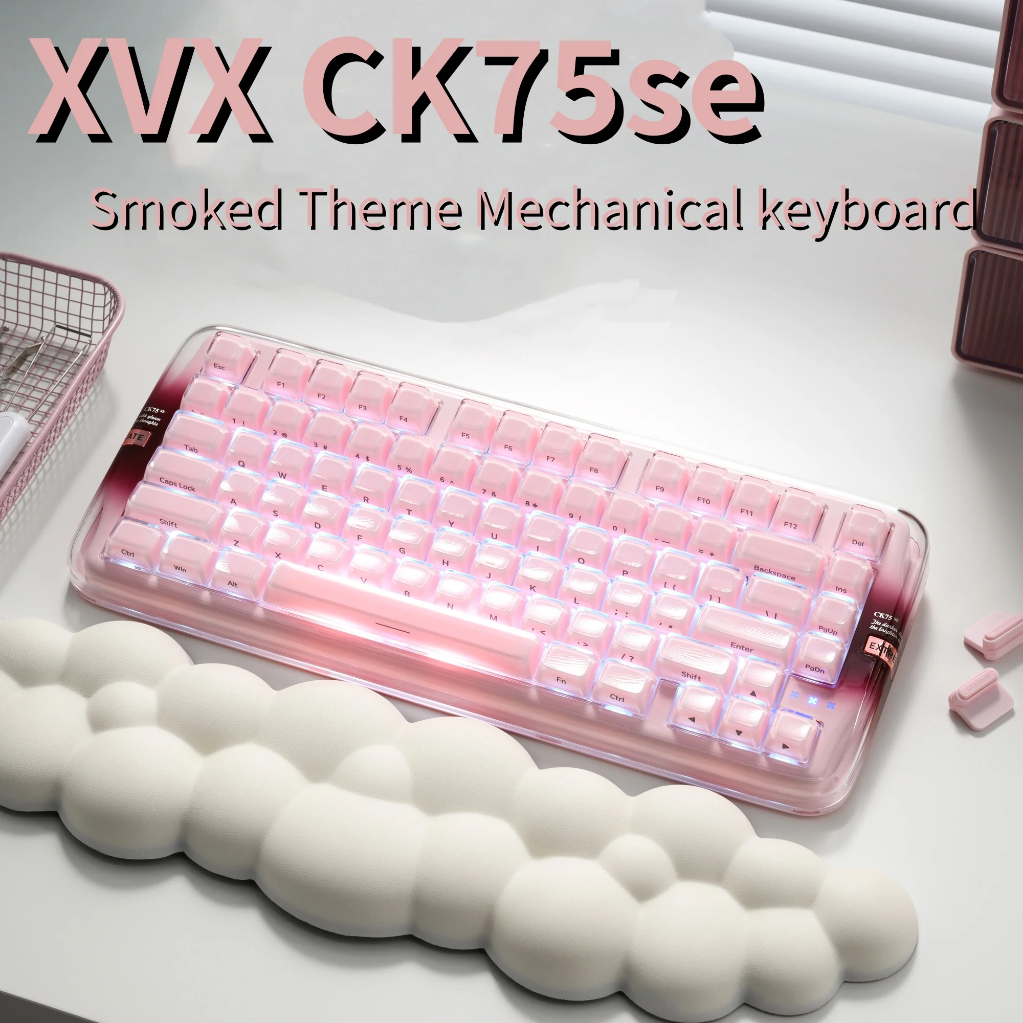 XVX CK75 SE Smoked Theme Mechanical Keyboard 75% Tri-Mode Crystal Jelly Acrylic Pink Frame Keyboard Full RGB for Gaming