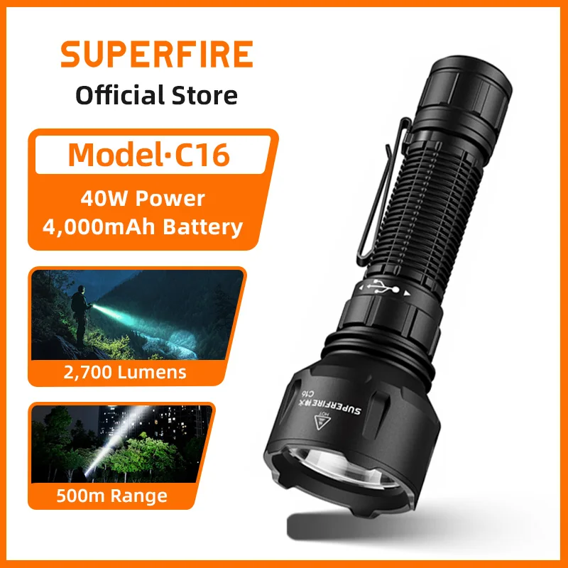 SUPERFIRE C16 Rechargeable led flashlight 40W high power Torch 500M Long Range With Battery Outdoor Waterproof Camping Lantern