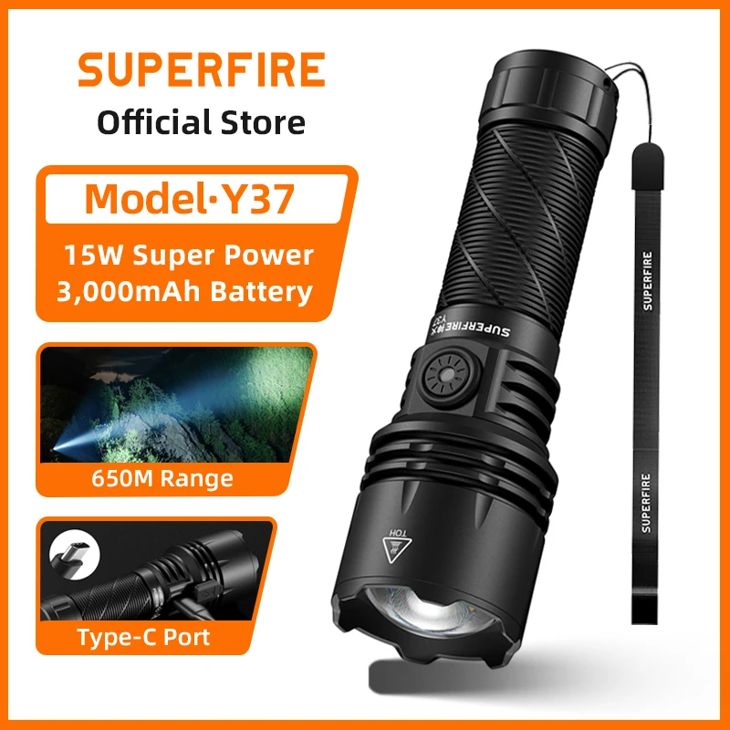 Superfire Y37 Type-C Rechargeable Flashlight Super Bright 950 Lumens Torch 650m Range with 3000mAh Camping emergency Lantern