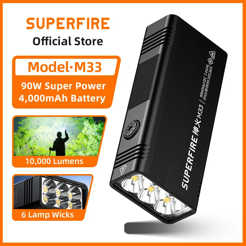 SUPERFIRE M33 10000 Lumen 90W Super Bright Flashlight, Type-C Rechargeable Aluminum Torch 6 LED Outdoor Fishing Search Light