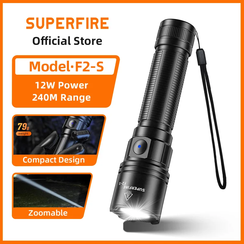SUPERFIRE F2-S 700 Lumen Rechargeable Flashlight USB C, Zoomable Aluminum Alloy Torch Outdoor Camping Fishing Emergency Light