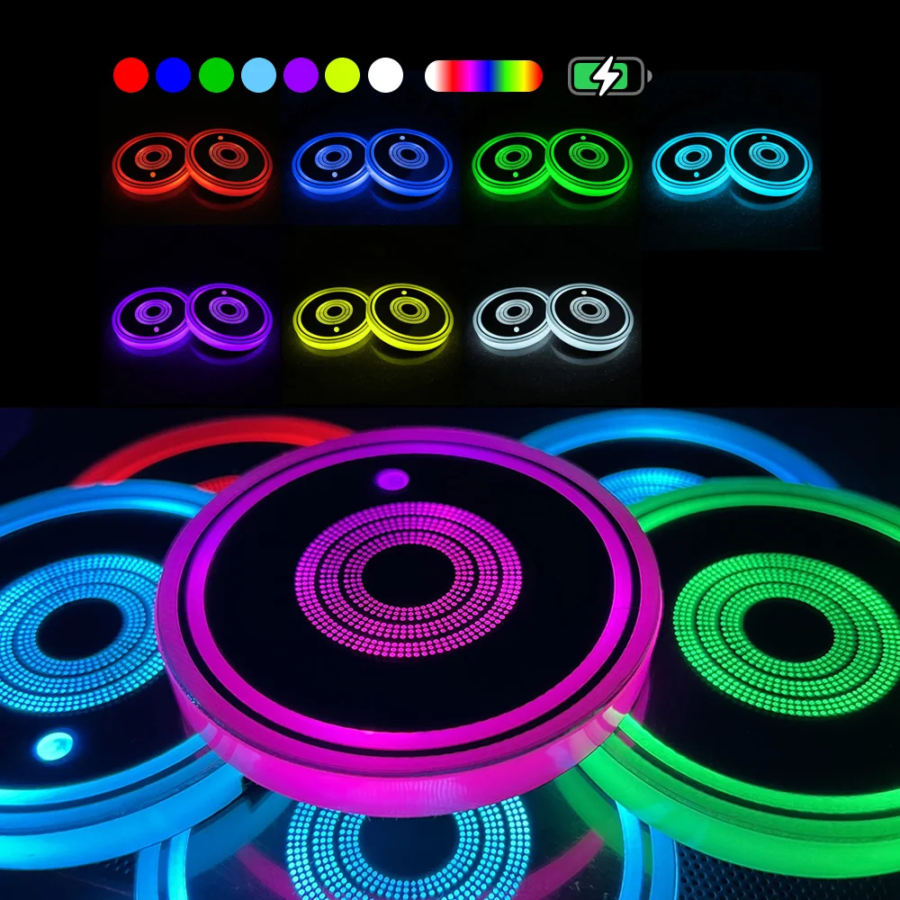 2PCS LED Cup Holder Lights for Car, Rechargeable 7 Color-Changing Light Up Cup Holder Insert Coasters, Car Accessories for Teens