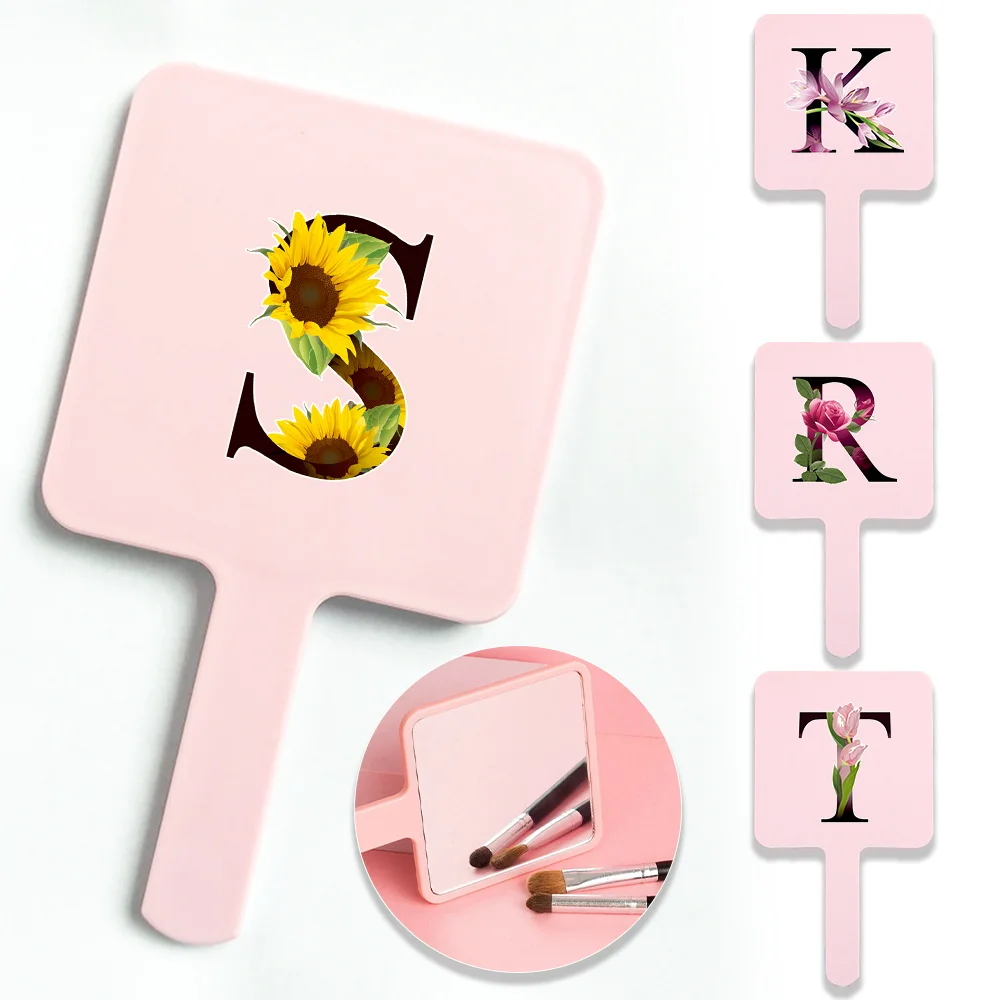Portable Travel Makeup Mirror With Handle Polished Plastic Frame Lightweight Touch-Ups Mirror For Office Flower Color Pattern