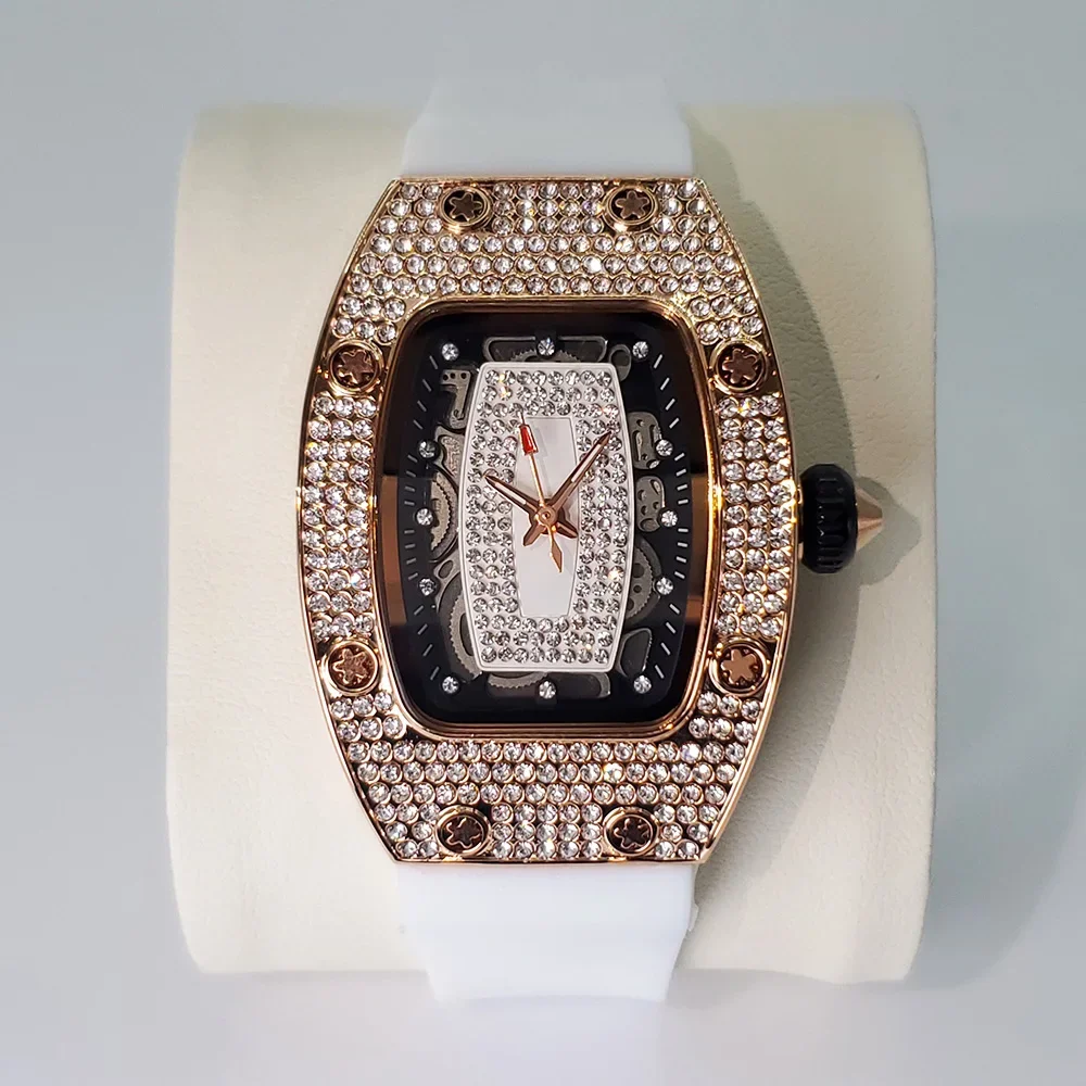 2025 Fashion Rose Iced Watch Women Casual Silicone Strap Dress Full Diamond AAA Tonnneau Quartz Watches For Ladies Dropshipping