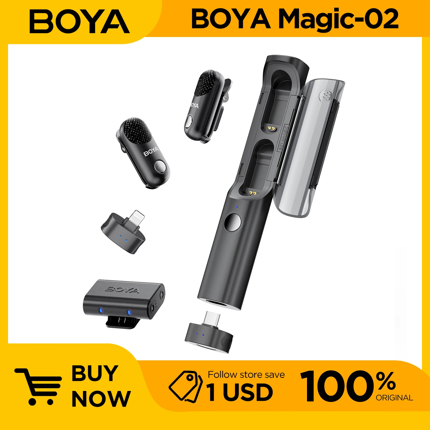 BOYA Magic Wireless Lavalier Microphone 4 Forms in 1 Mic for iPhone Android USB-C Phone Camera Noise Cancelling