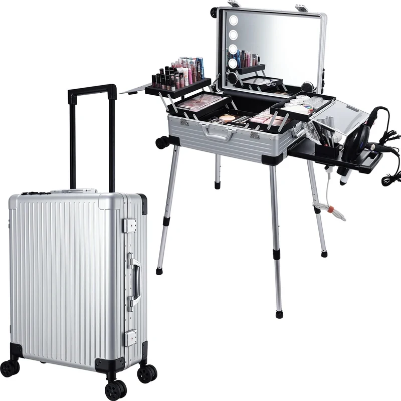 24'' Rolling Makeup Case With Full Screen Lighted Mirror Bluetooth Speaker Aluminum Barber Trolley Case Hair Salon Station