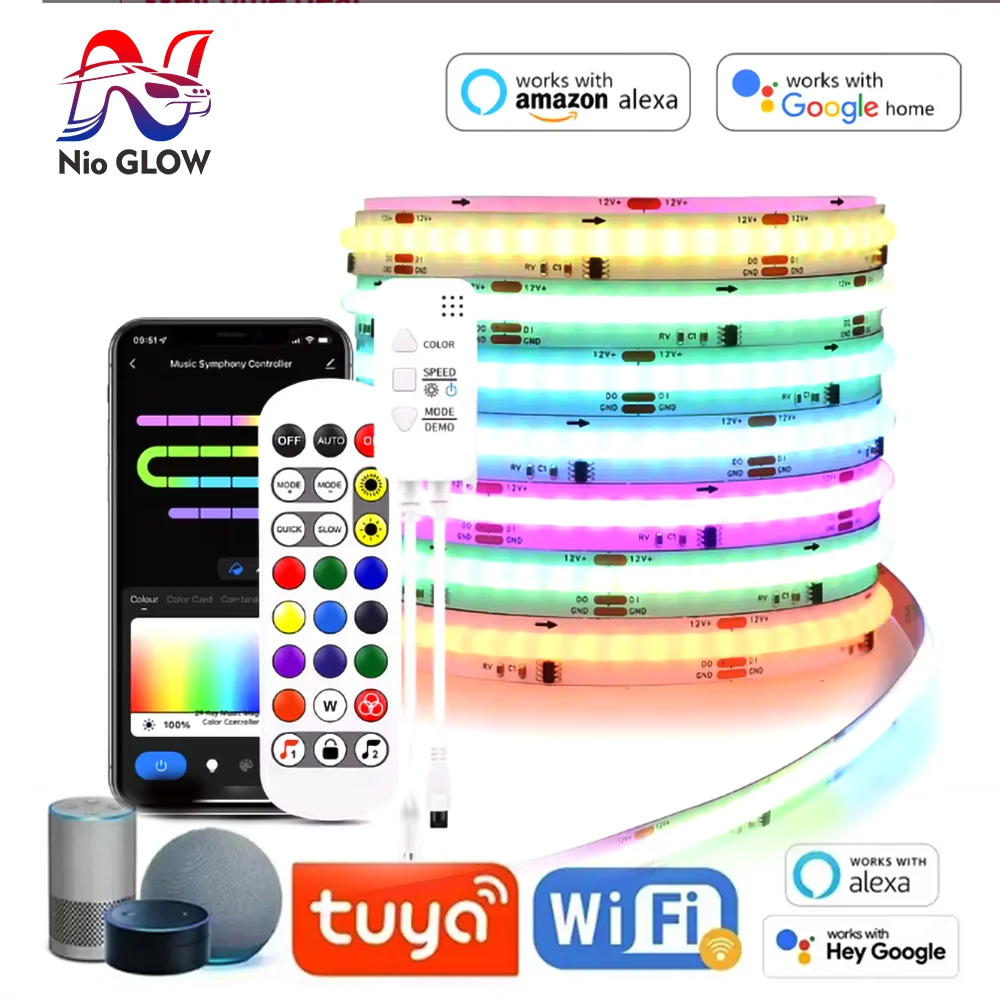 Tuya WiFi WS2811 RGBIC COB LED Strip Smart APP/Voice Control Music Sync High Density Flexible Light for Home Decor 12V/24V 2811