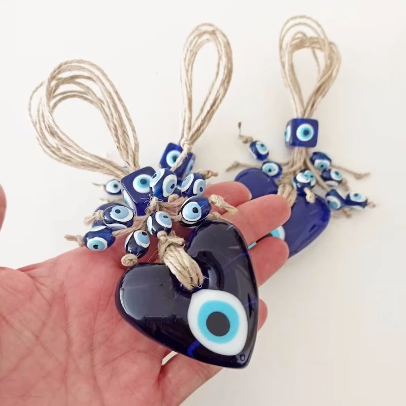 Blue Turkish Evil Eye Lucky Pendant Hand Woven Rope Chain Car Ornament for Home Living Room Wall Hanging Decoration Amulet Gift