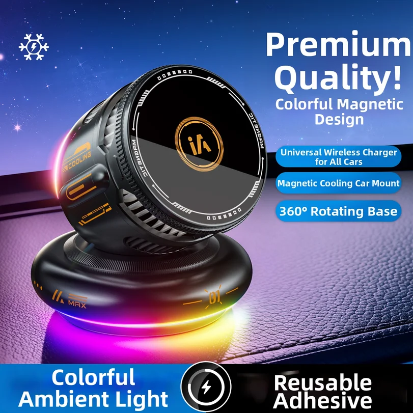 Car-mounted Magnetic 15w Wireless Charging Phone Holder With Colorful Ambient Light And Cooling Fan, Universal Phone Holder