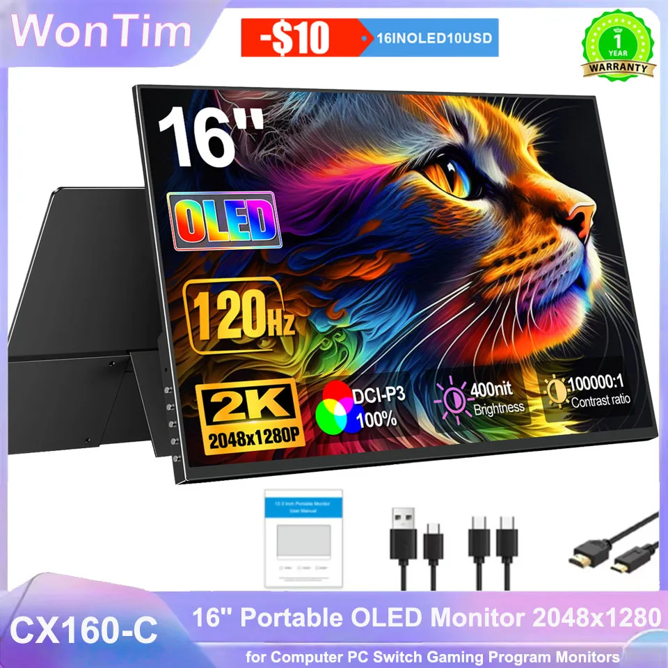 WonTim 16.0' 2K OLED 500Nits Portable Monitor 120Hz UHD DCI-P3 External Screen 149% SRGB USB C HDMI For Phone Laptop Mini PC PS4