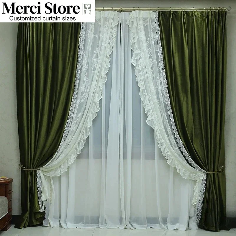 Custom Size Luxury Green Velvet Drapes for Home Decor Premium Custom Lace Window 창문커텐 Curtains for Living Dining Room Bedroom