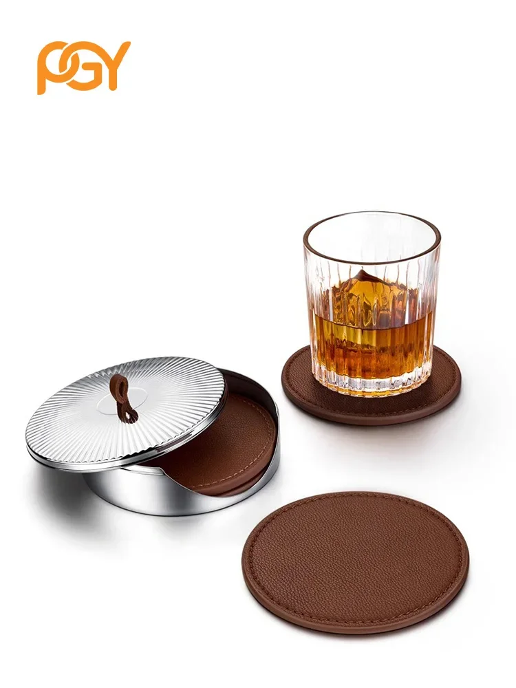 4PCS Luxury Leather Coasters with Stainless Steel Container, Premium Drink Mats for Home Decor, Bar, Office